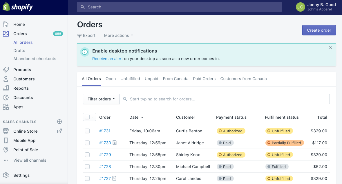 Shopify-admin-Orders